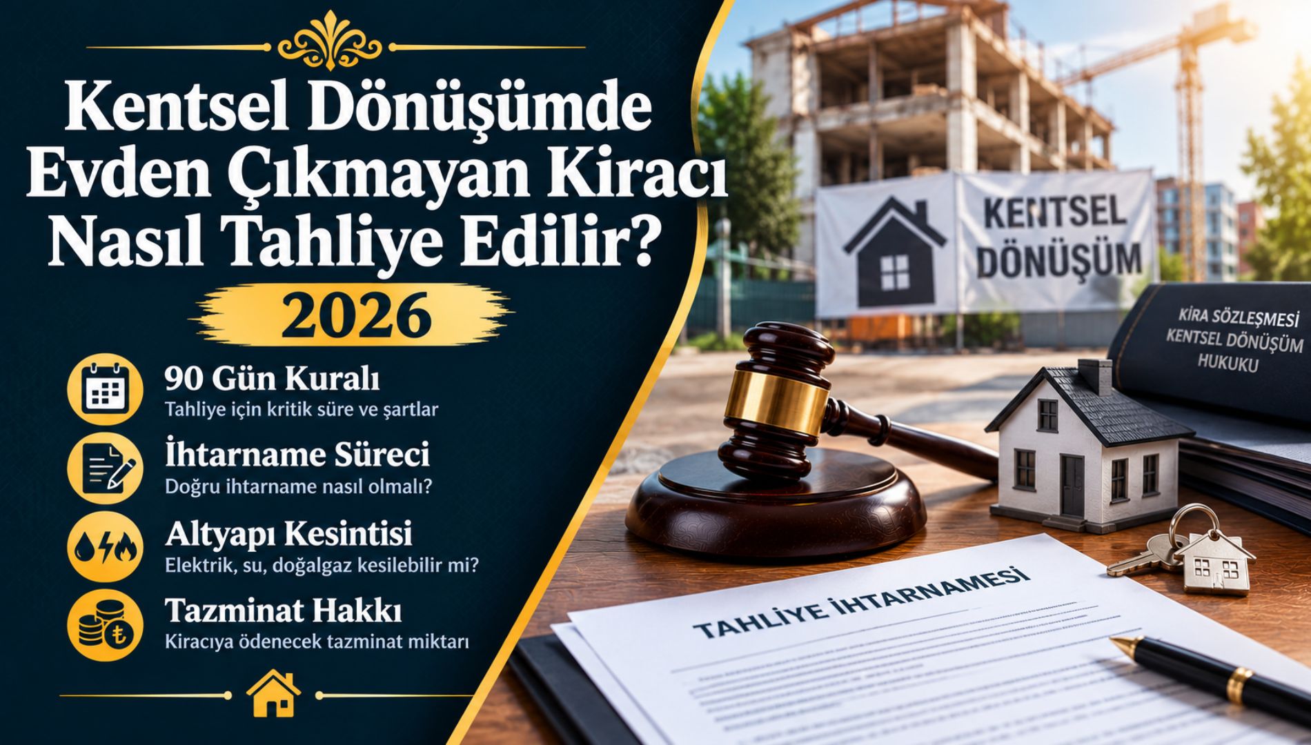 Kentsel Dönüşümde Evden Çıkmayan Kiracı Nasıl Tahliye Edilir? 90 Gün Kuralı, İhtarname, Altyapı Kesintisi ve Tazminat (2026)